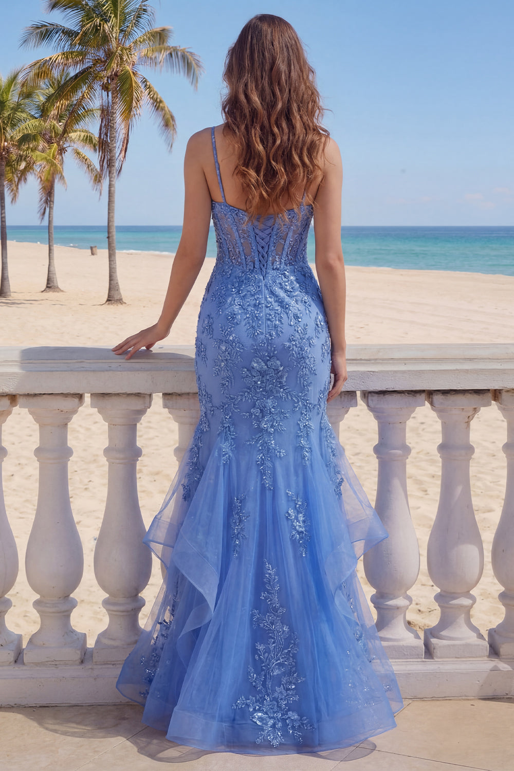 Glitter Mermaid Corset Dark Blue Floral Beaded Long Prom Dress with Ruffles