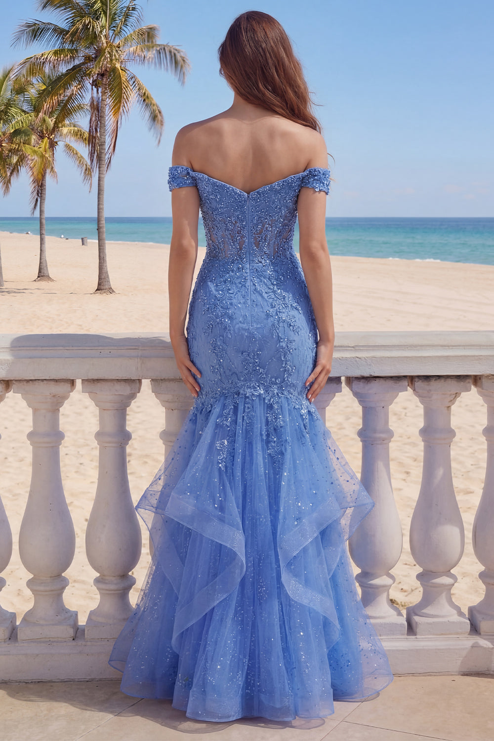 Mermaid Long Dark Blue Glitter Corset Floral Prom Dress with Ruffles