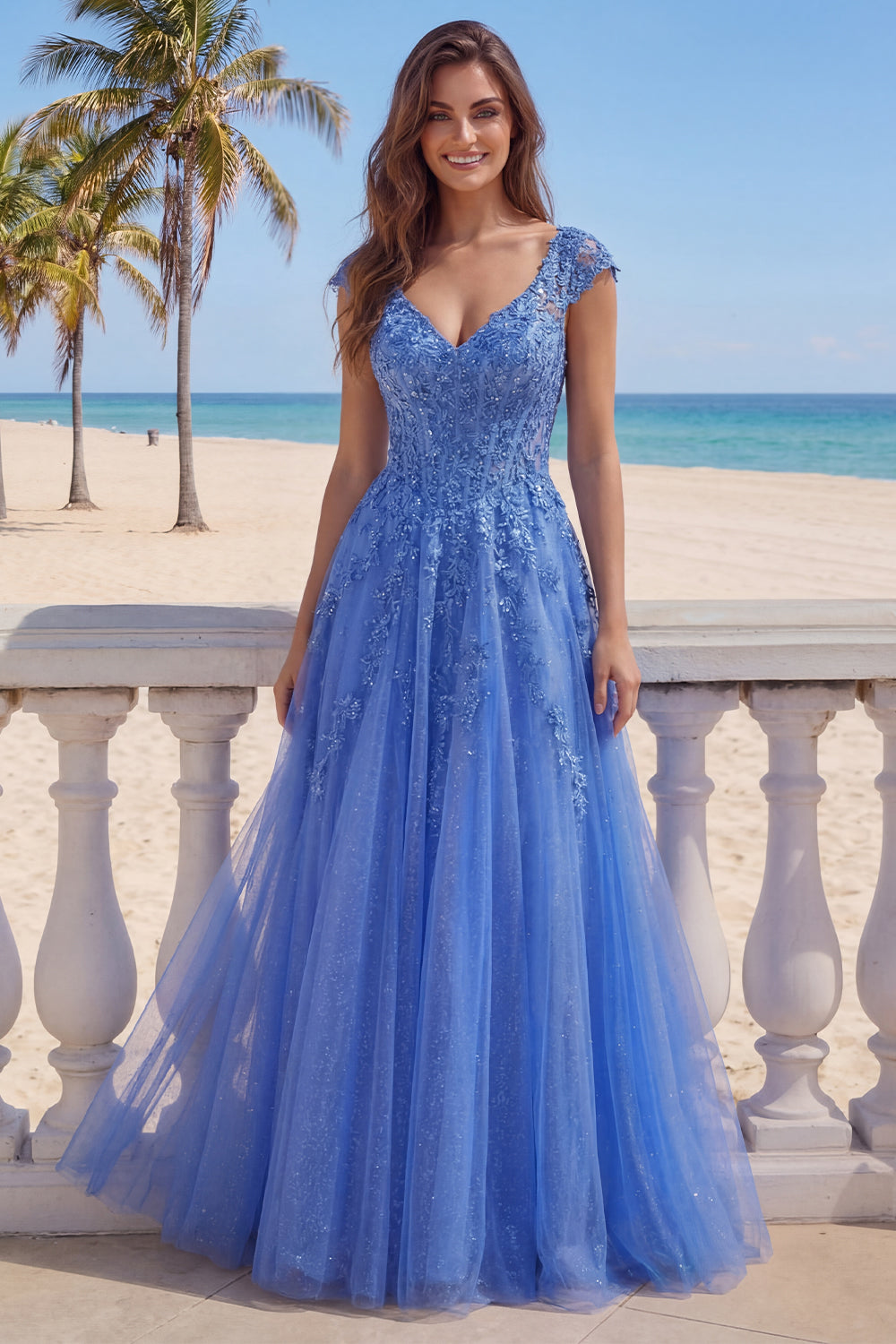 Dark Blue V-Neck A Line Glitter Corset Floral Long Prom Dress