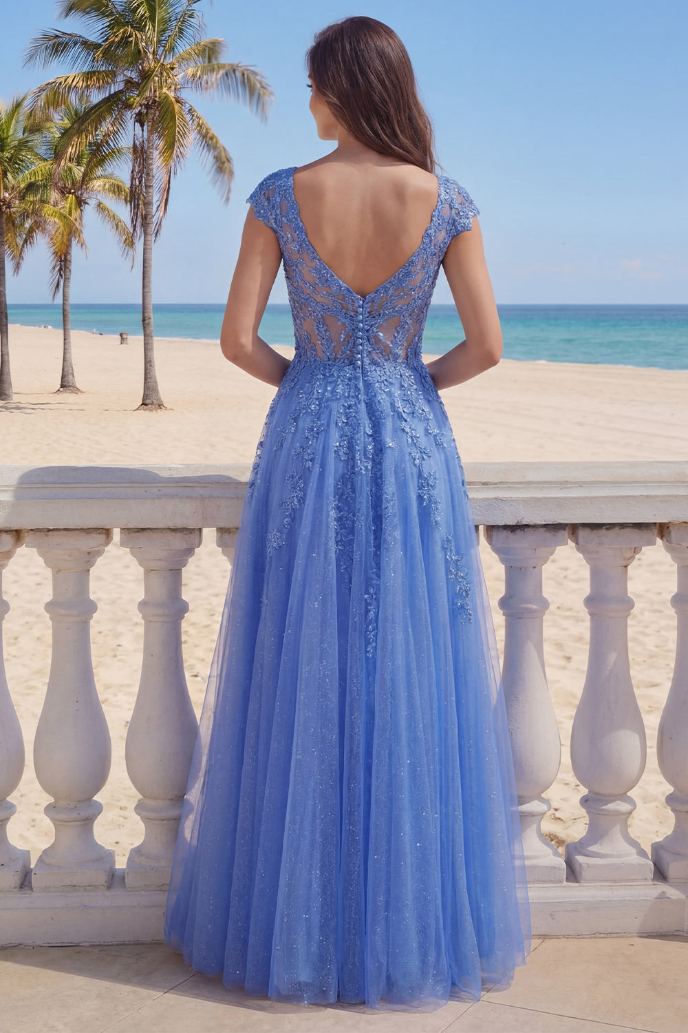 Dark Blue V-Neck A Line Glitter Corset Floral Long Prom Dress