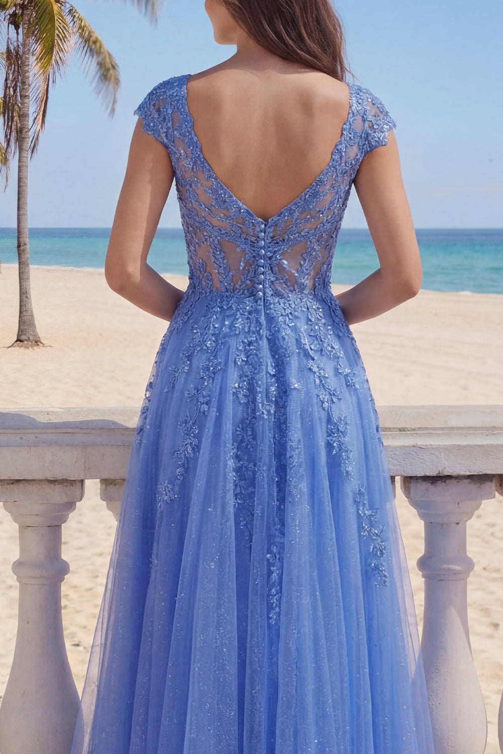 Dark Blue V-Neck A Line Glitter Corset Floral Long Prom Dress