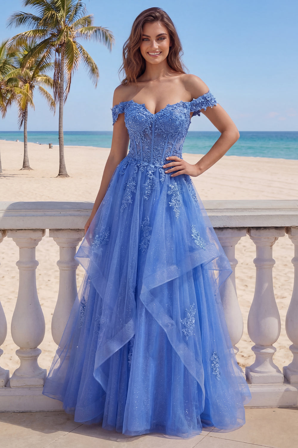 Corset A Line Dark Blue Glitter Floral Long Prom Dress with Ruffles