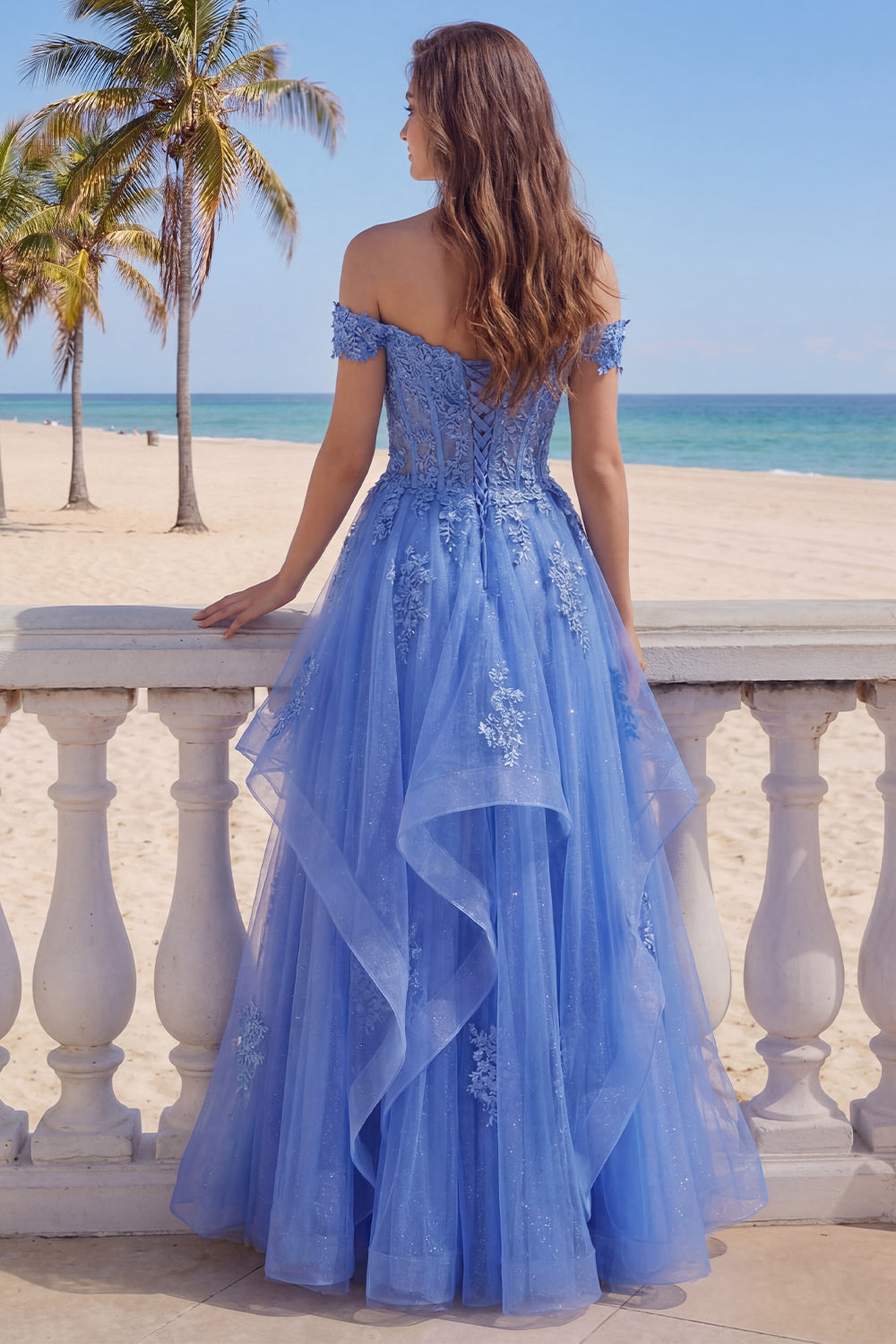 Corset A Line Dark Blue Glitter Floral Long Prom Dress with Ruffles