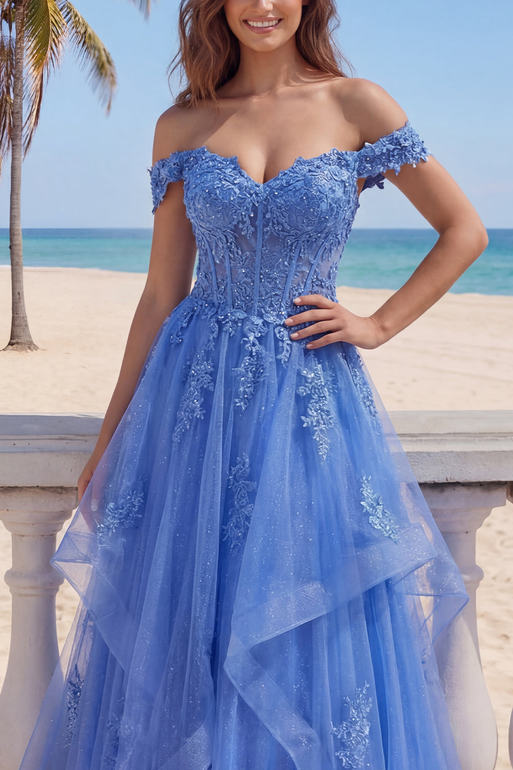 Corset A Line Dark Blue Glitter Floral Long Prom Dress with Ruffles