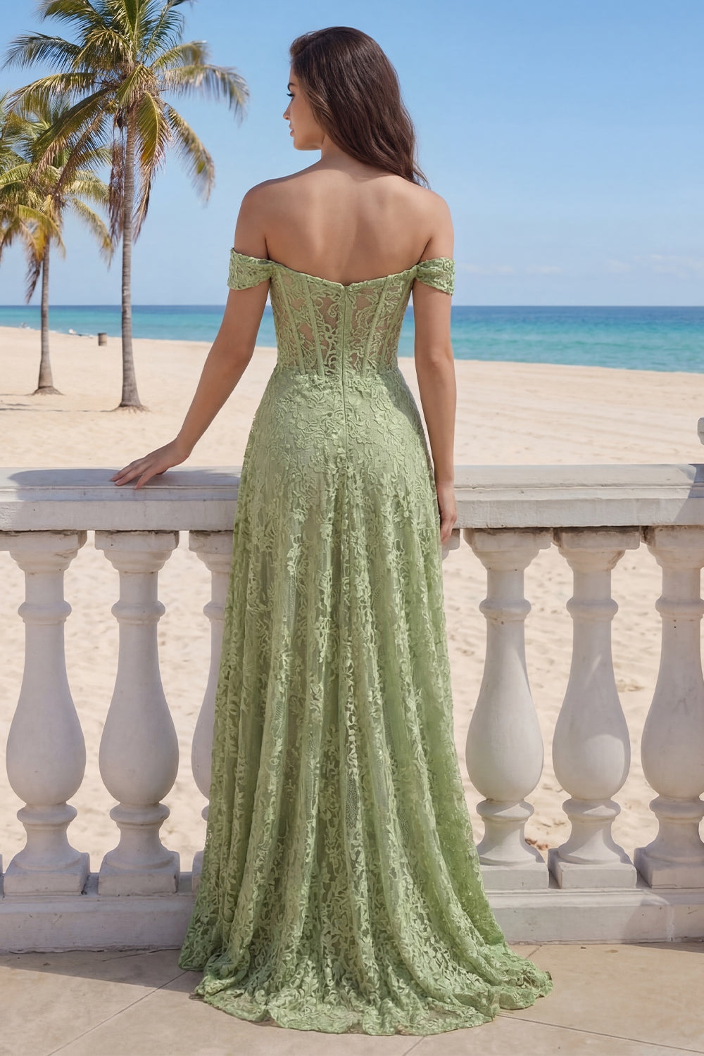 Sage Green Corset Floral Lace A Line Long Gala Dress with Slit