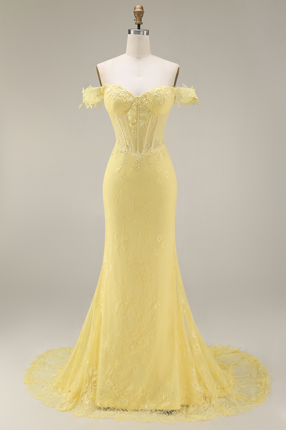 Mermaid Butter Yellow Floral Lace Long Corset Off the Shoulder Gala Dress