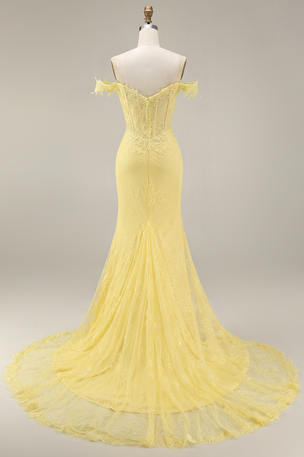Mermaid Butter Yellow Floral Lace Long Corset Off the Shoulder Gala Dress
