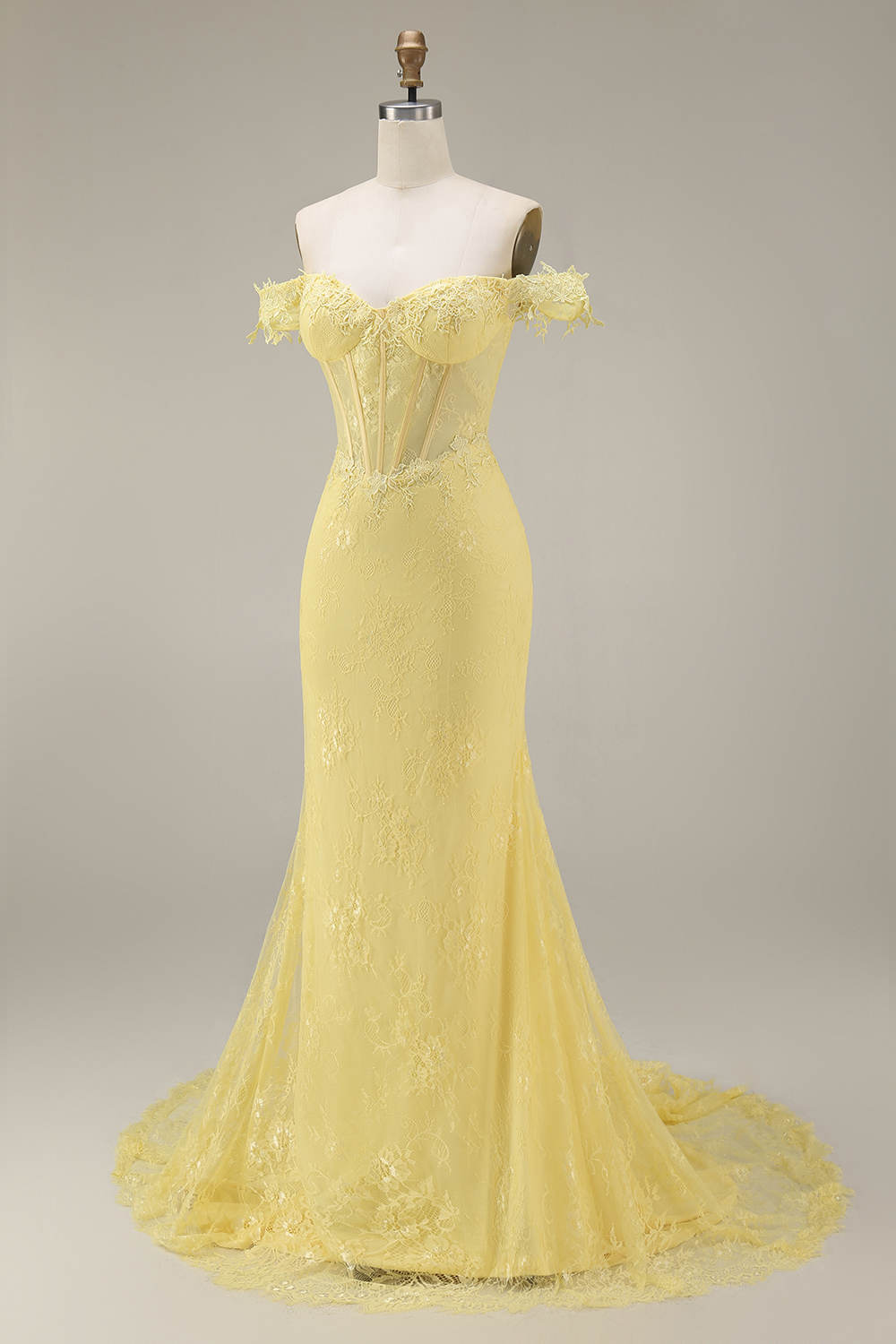 Mermaid Butter Yellow Floral Lace Long Corset Off the Shoulder Gala Dress