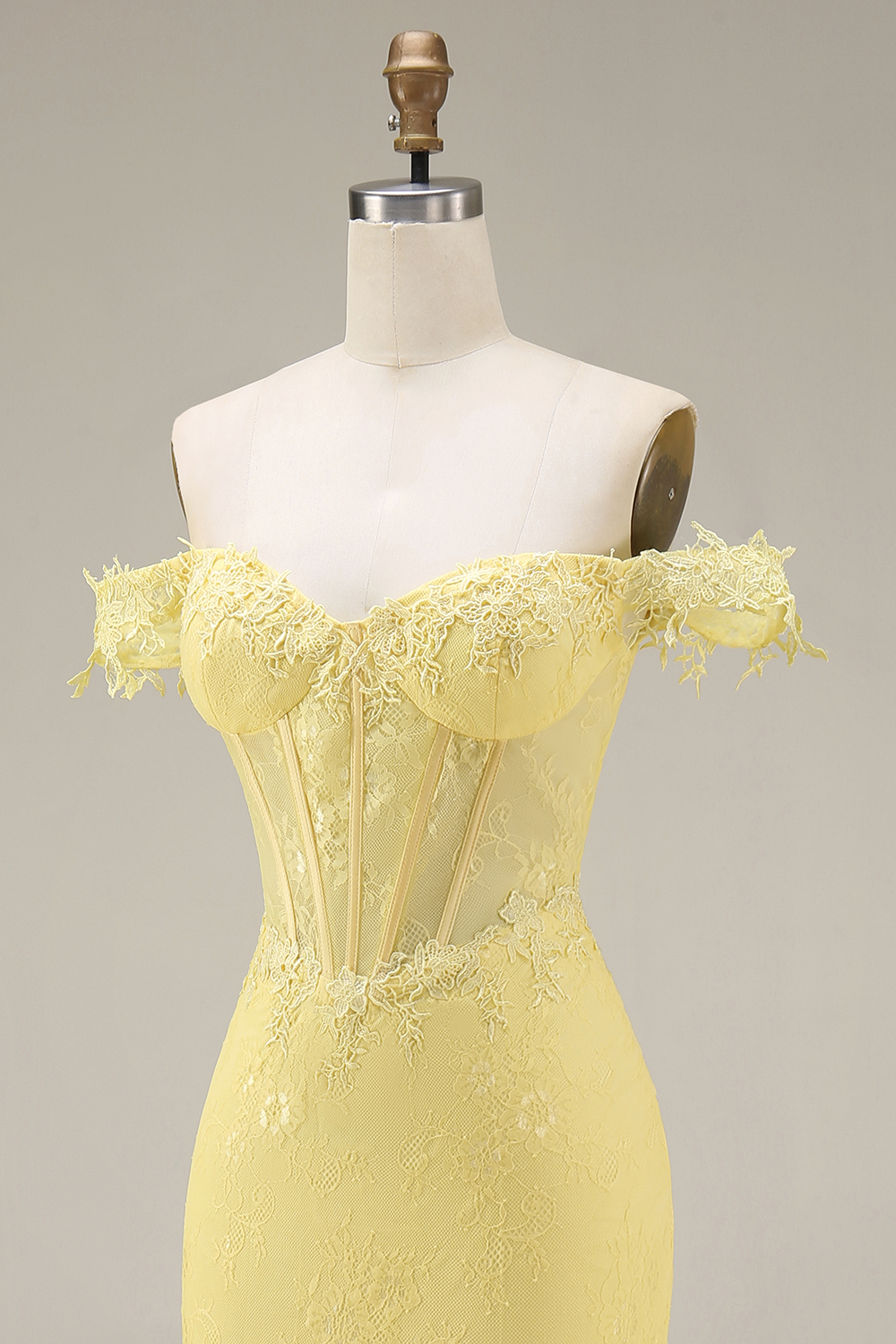 Mermaid Butter Yellow Floral Lace Long Corset Off the Shoulder Gala Dress