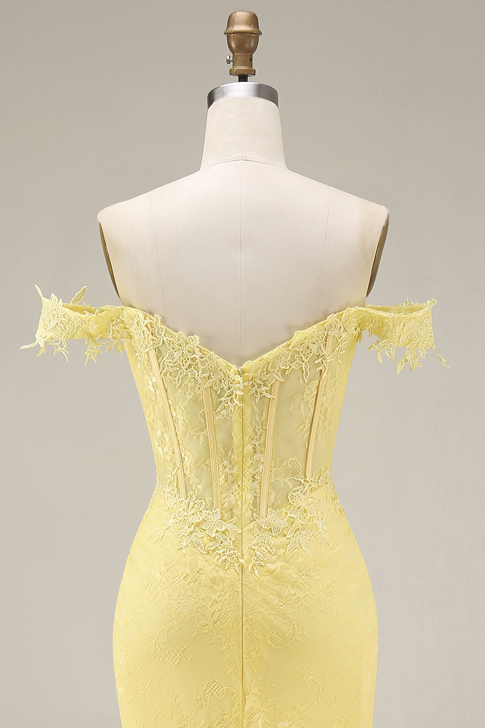 Mermaid Butter Yellow Floral Lace Long Corset Off the Shoulder Gala Dress