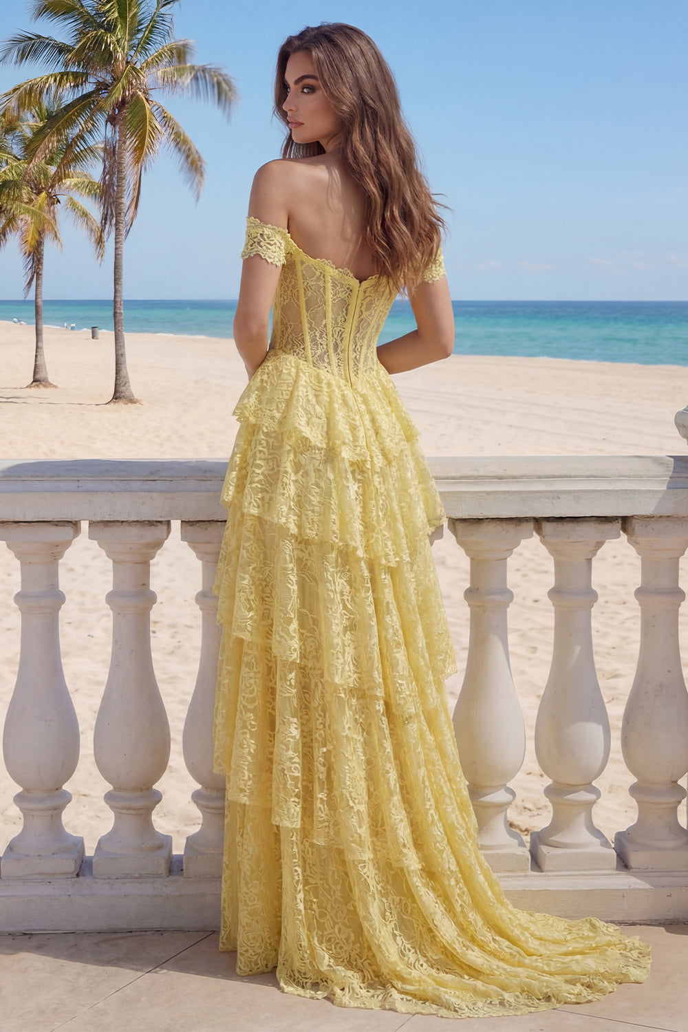 Ruffled Mermaid Butter Yellow Floral Lace Long Corset Gala Dress with Slit