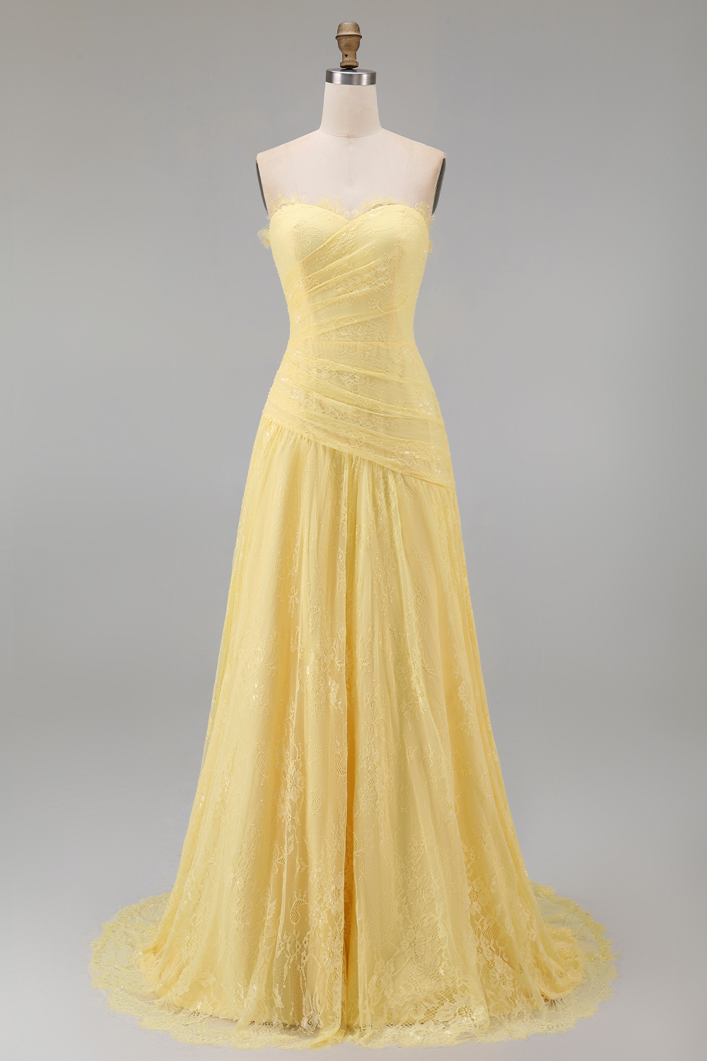 Sweetheart Butter Yellow Floral Lace Long Sheath Ruched Gala Dress