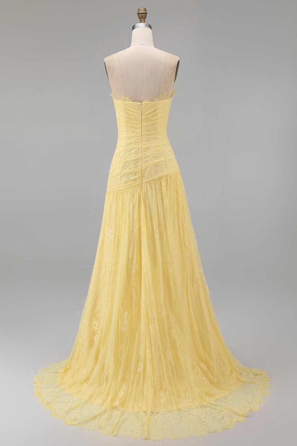 Sweetheart Butter Yellow Floral Lace Long Sheath Ruched Gala Dress