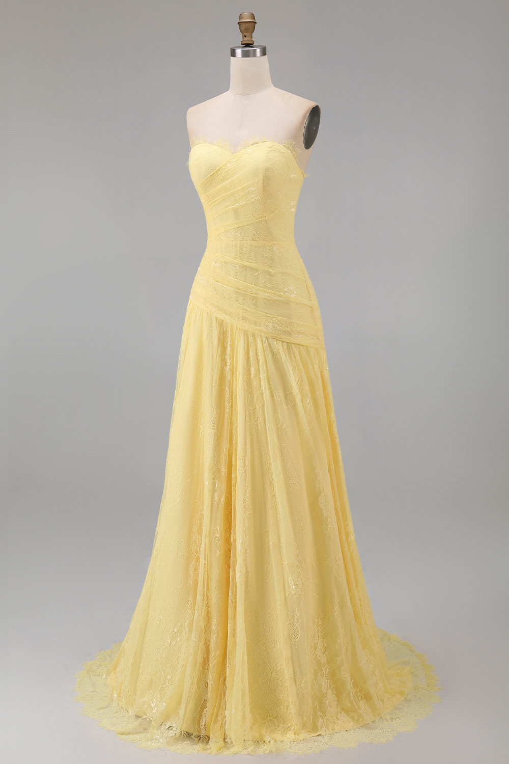 Sweetheart Butter Yellow Floral Lace Long Sheath Ruched Gala Dress