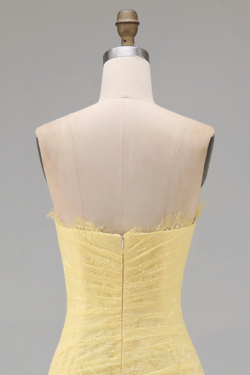 Sweetheart Butter Yellow Floral Lace Long Sheath Ruched Gala Dress