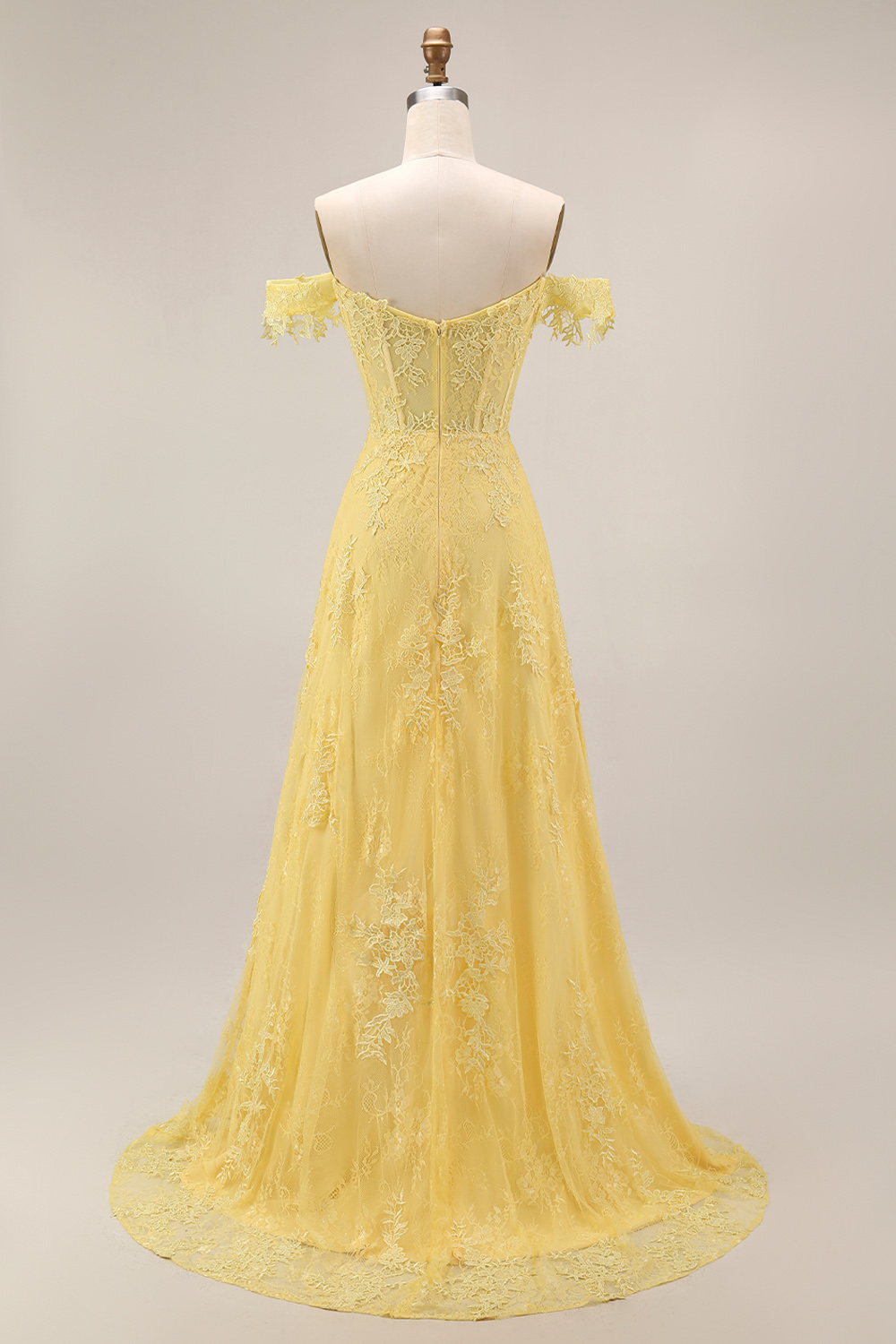 Off the Shoulder Butter Yellow Floral Lace Long A Line Corset Gala Dress