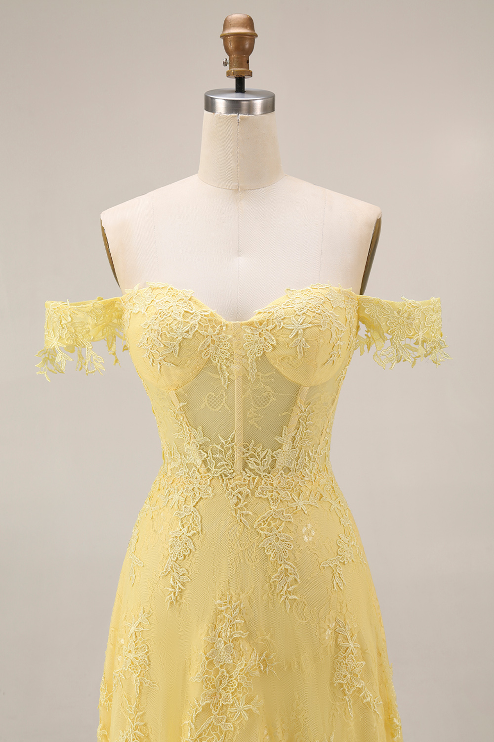 Off the Shoulder Butter Yellow Floral Lace Long A Line Corset Gala Dress