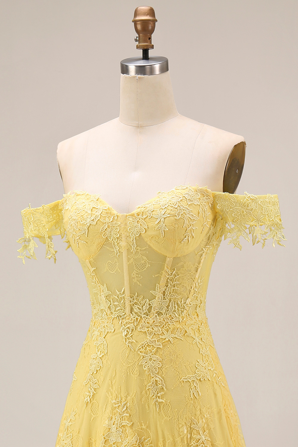 Off the Shoulder Butter Yellow Floral Lace Long A Line Corset Gala Dress