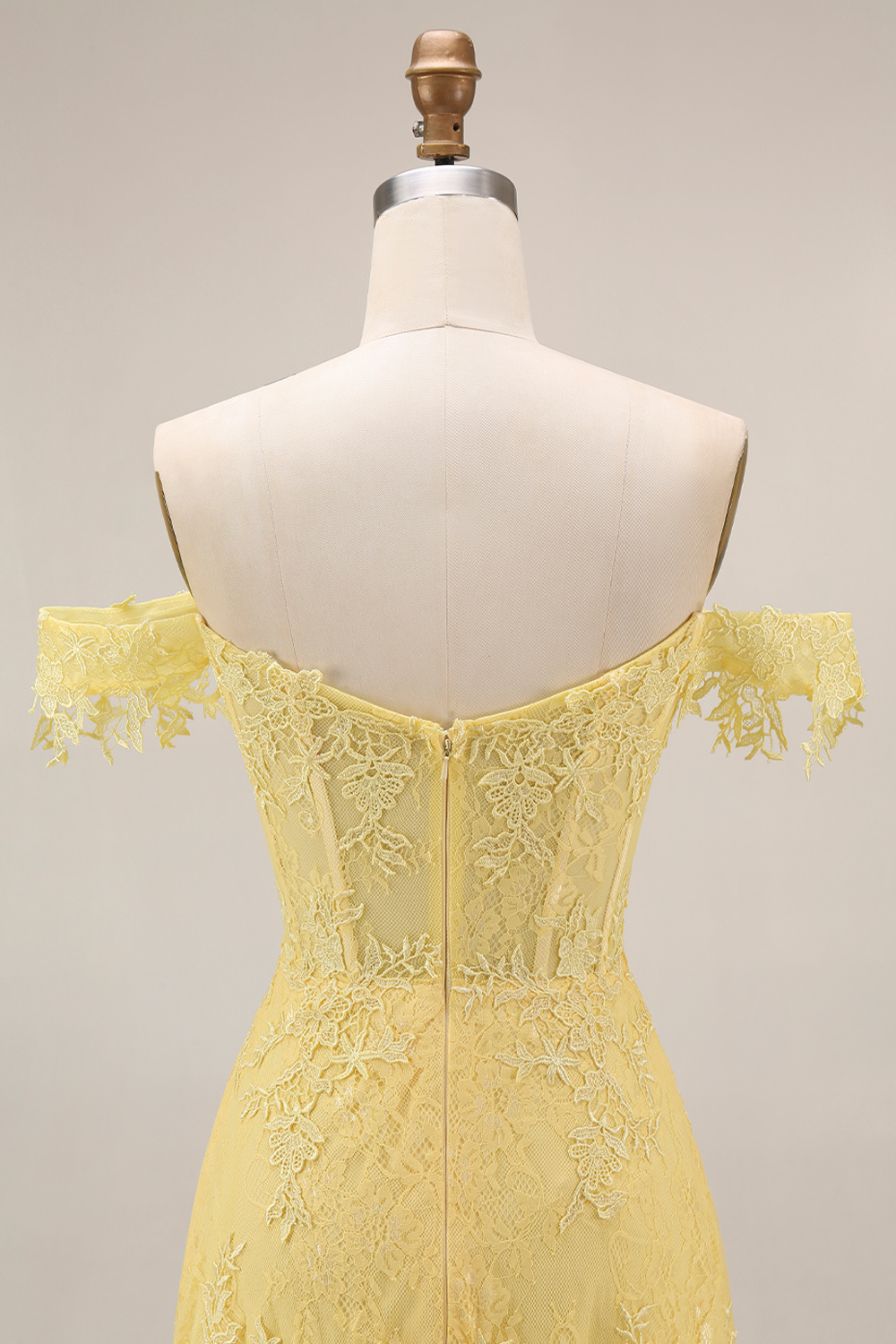 Off the Shoulder Butter Yellow Floral Lace Long A Line Corset Gala Dress