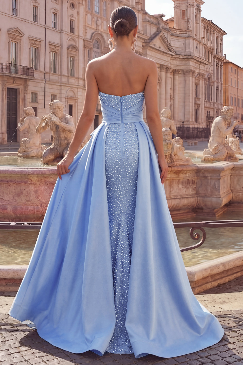 Blue Ruched Mermaid Pearls Strapless Long Prom Dress with Cape