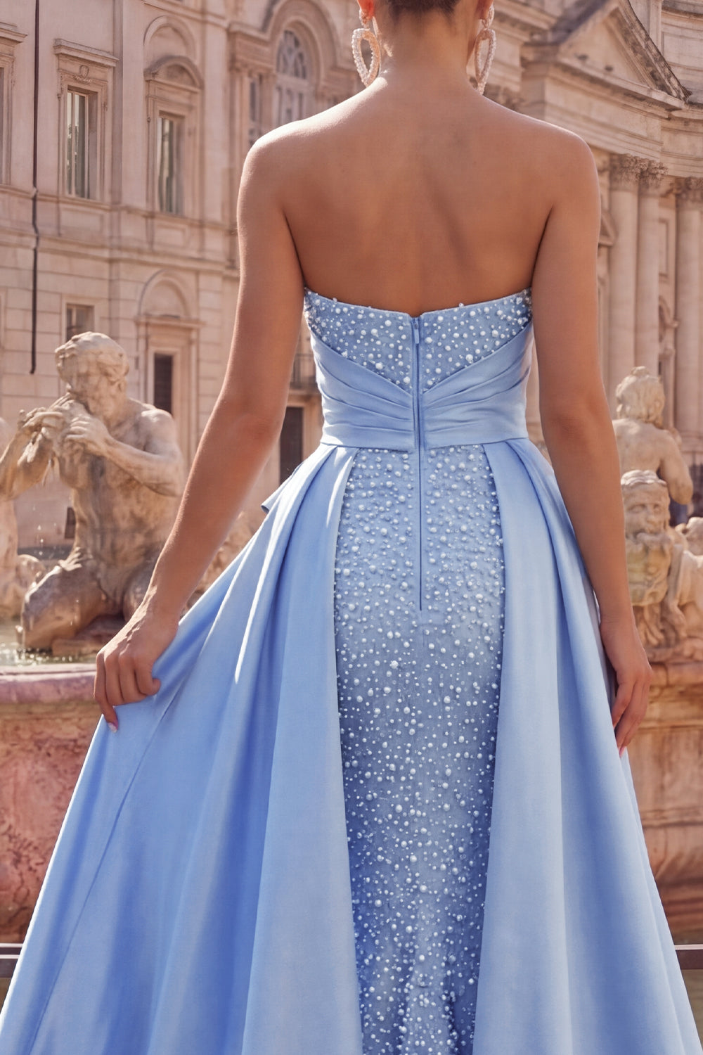Blue Ruched Mermaid Pearls Strapless Long Prom Dress with Cape