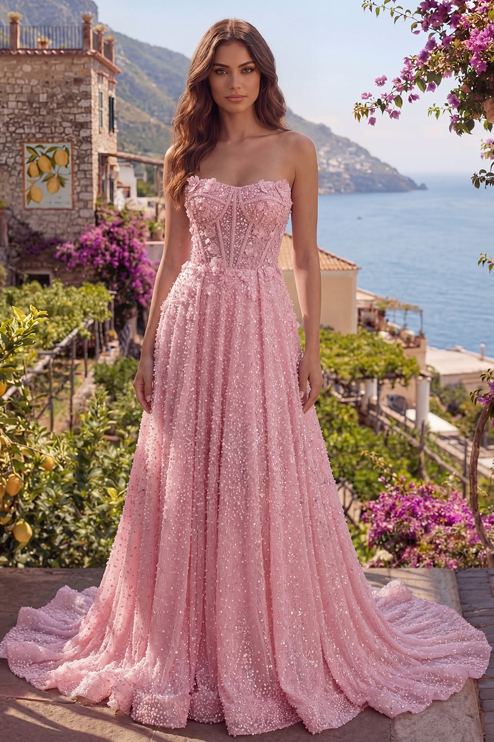Sparkly Pink A Line Beaded Floral Corset Long Strapless Prom Dress