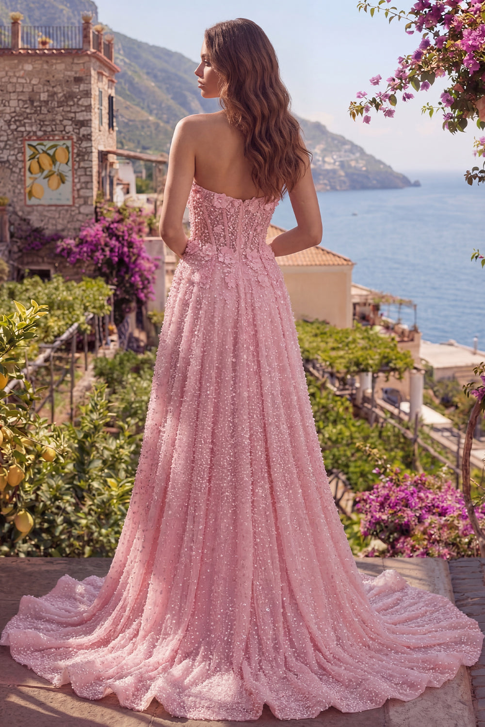 Sparkly Pink A Line Beaded Floral Corset Long Strapless Prom Dress