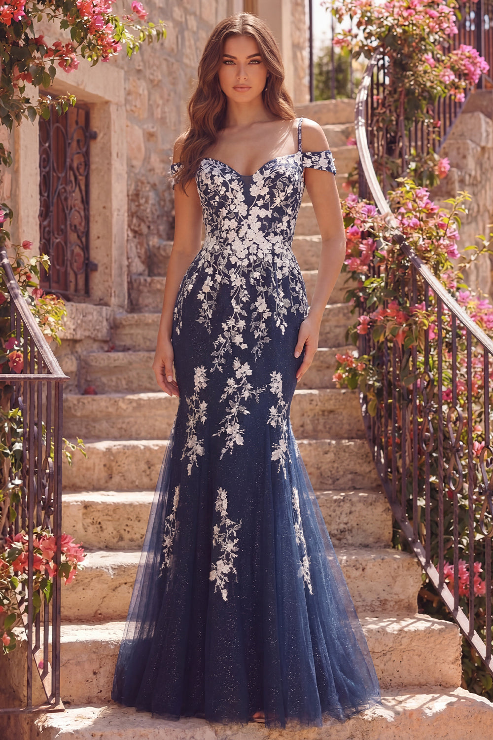 Glitter Floral Cold Shoulder Mermaid Navy Long Prom Dress