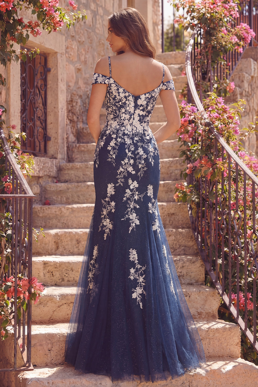 Glitter Floral Cold Shoulder Mermaid Navy Long Prom Dress