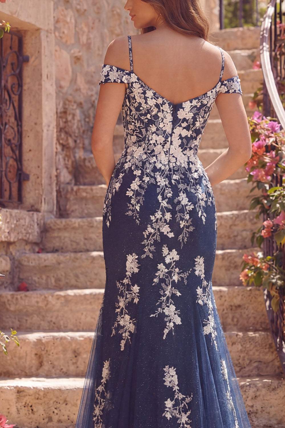 Glitter Floral Cold Shoulder Mermaid Navy Long Prom Dress