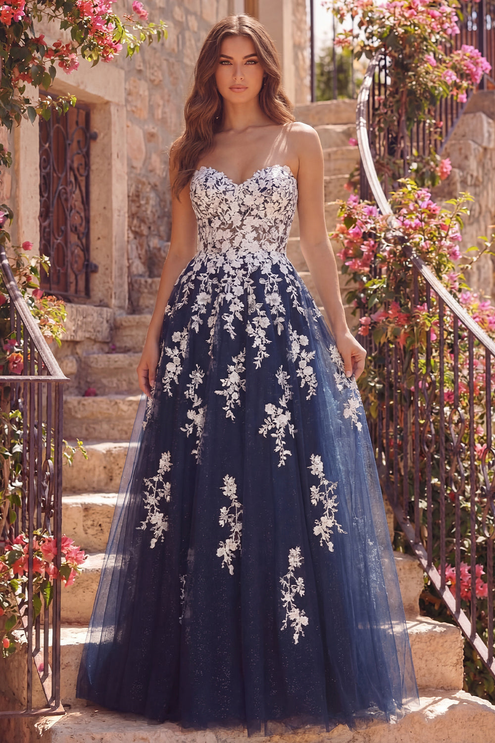 Long A Line Strapless Floral Sparkly Navy Prom Dress
