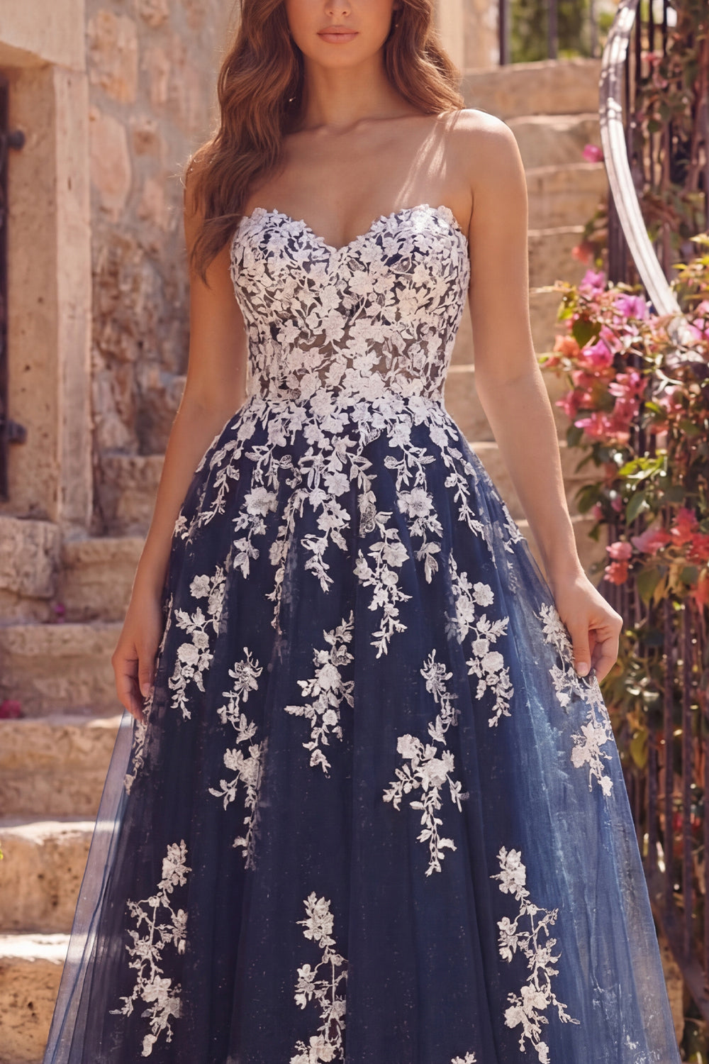 Long A Line Strapless Floral Sparkly Navy Prom Dress