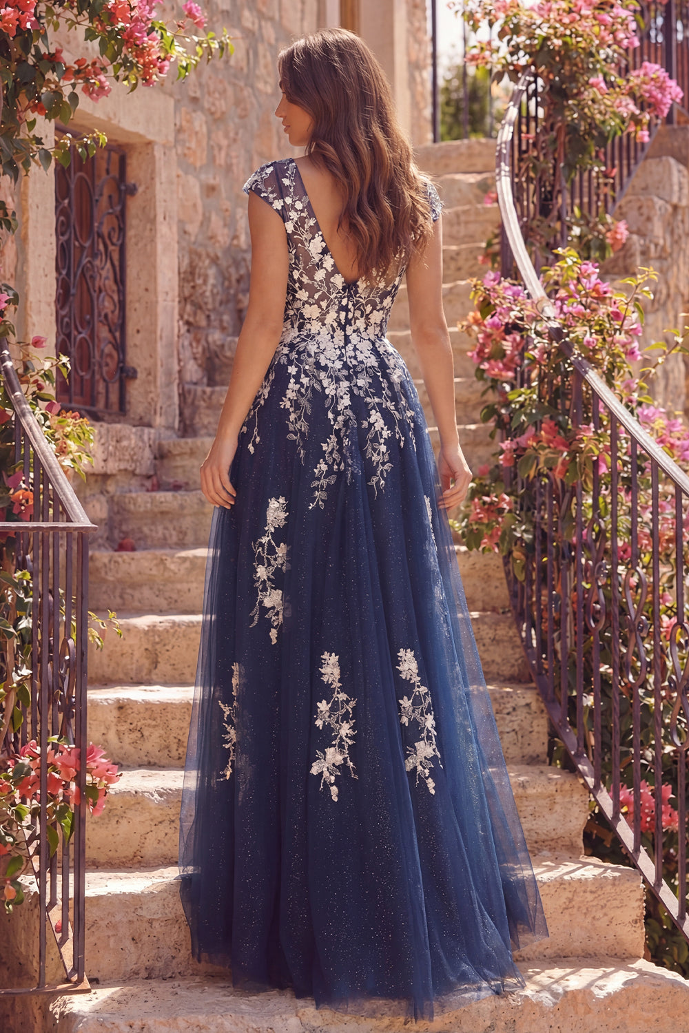 Floral V-Neck Glitter A Line Navy Long Prom Dress with Slit