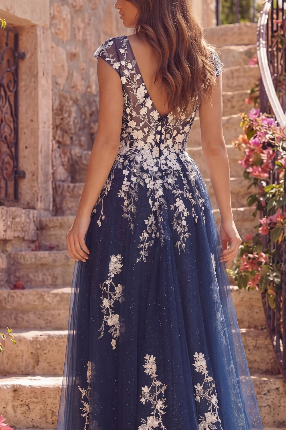 Floral V-Neck Glitter A Line Navy Long Prom Dress with Slit