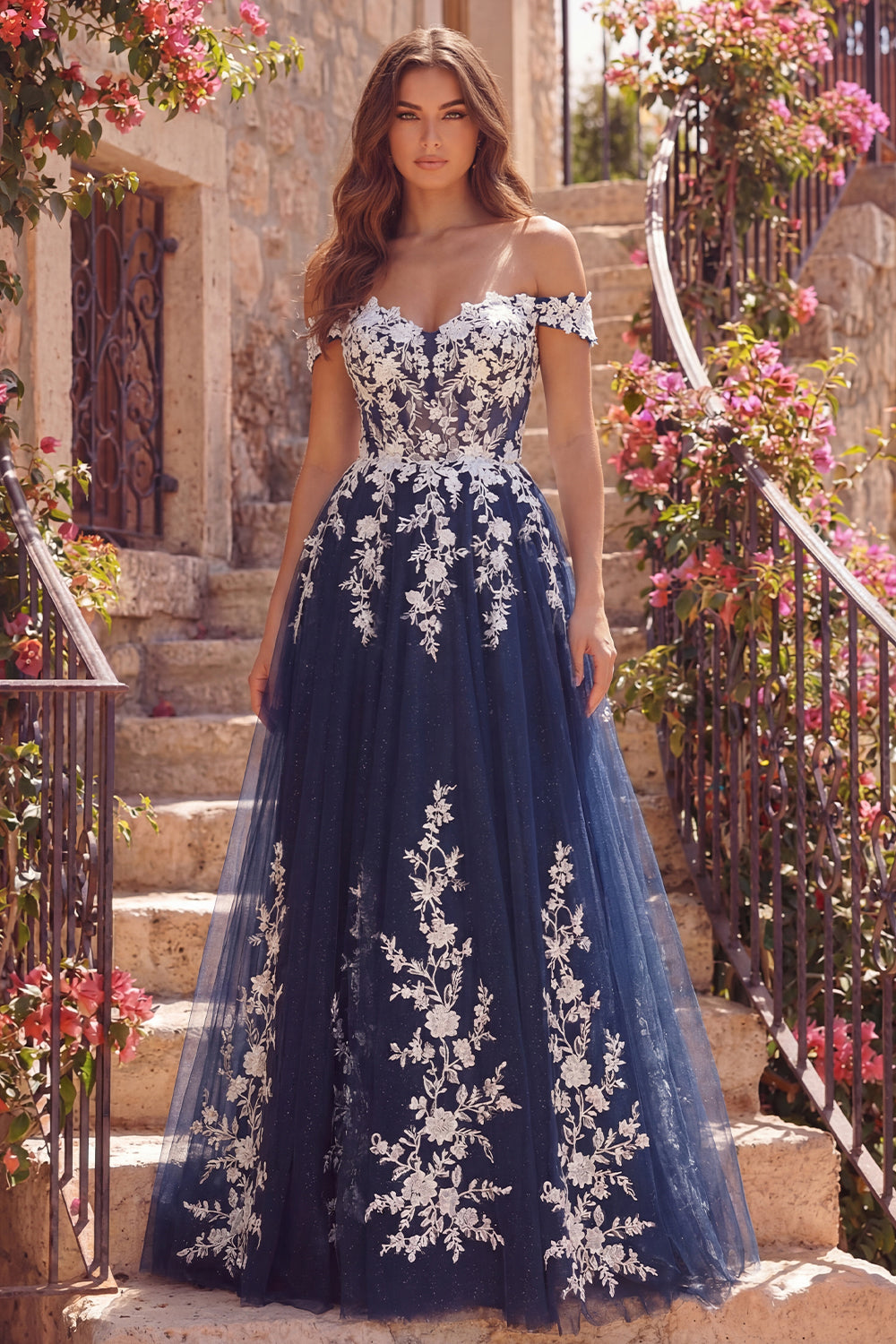 Sparkly Navy Off the Shoulder A Line Floral Long Prom Dress