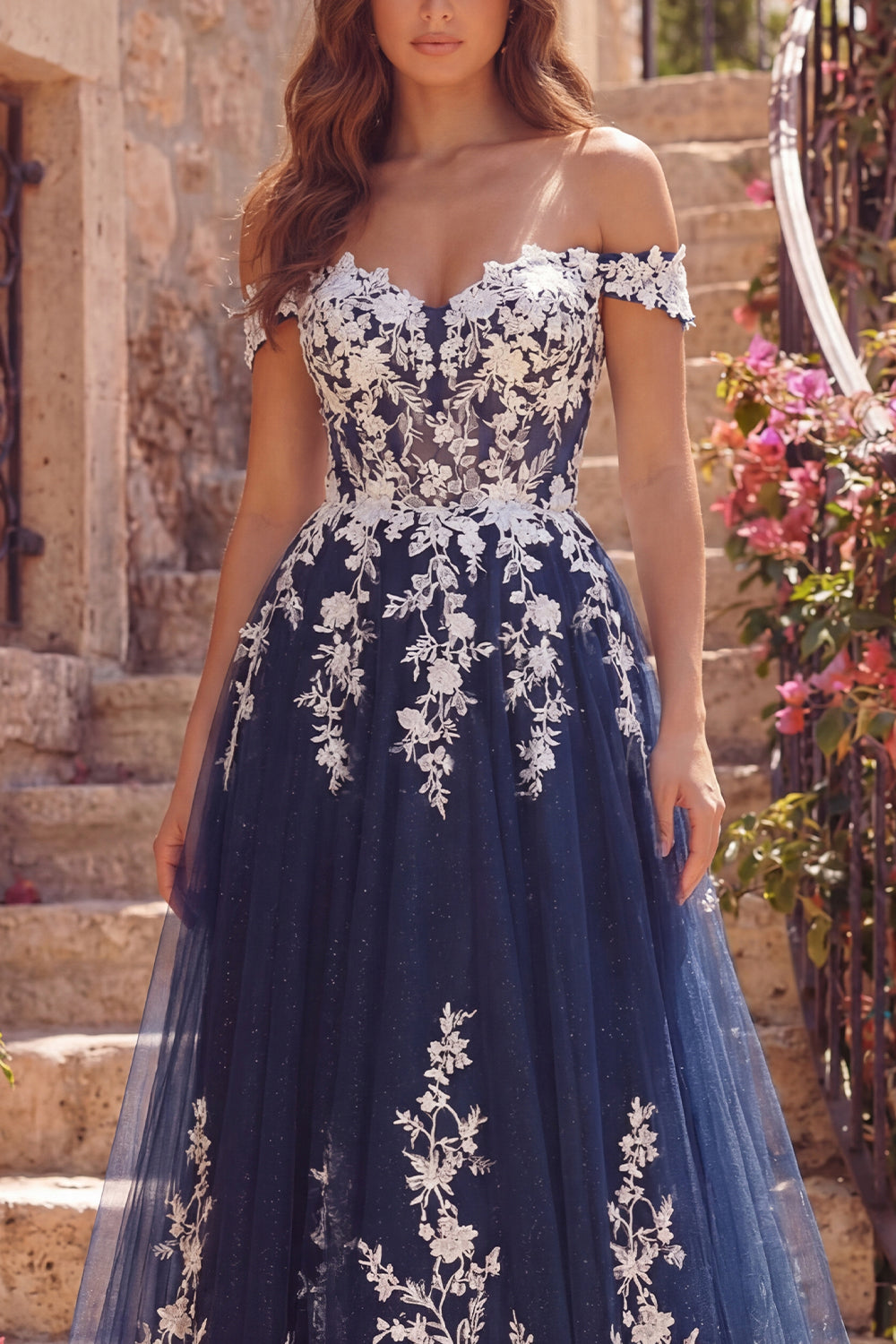 Sparkly Navy Off the Shoulder A Line Floral Long Prom Dress