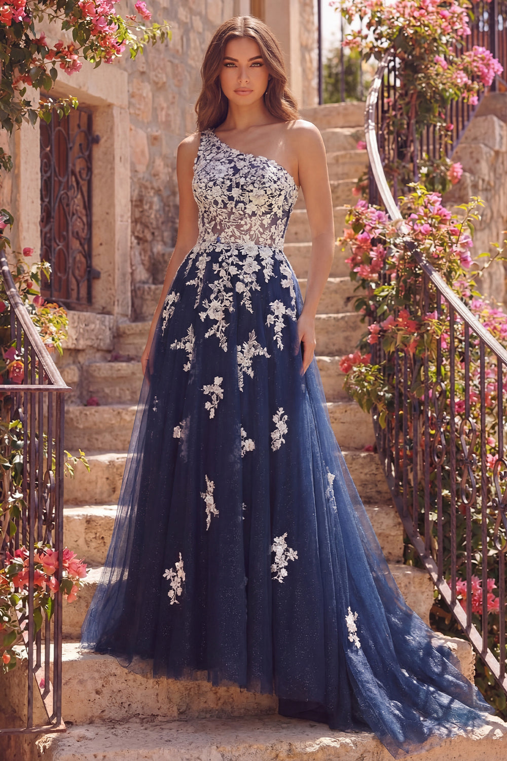 One Shoulder A Line Floral Navy Glitter Long Prom Dress