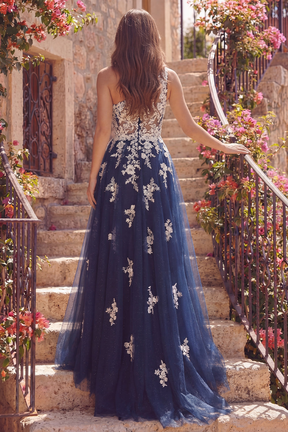 One Shoulder A Line Floral Navy Glitter Long Prom Dress