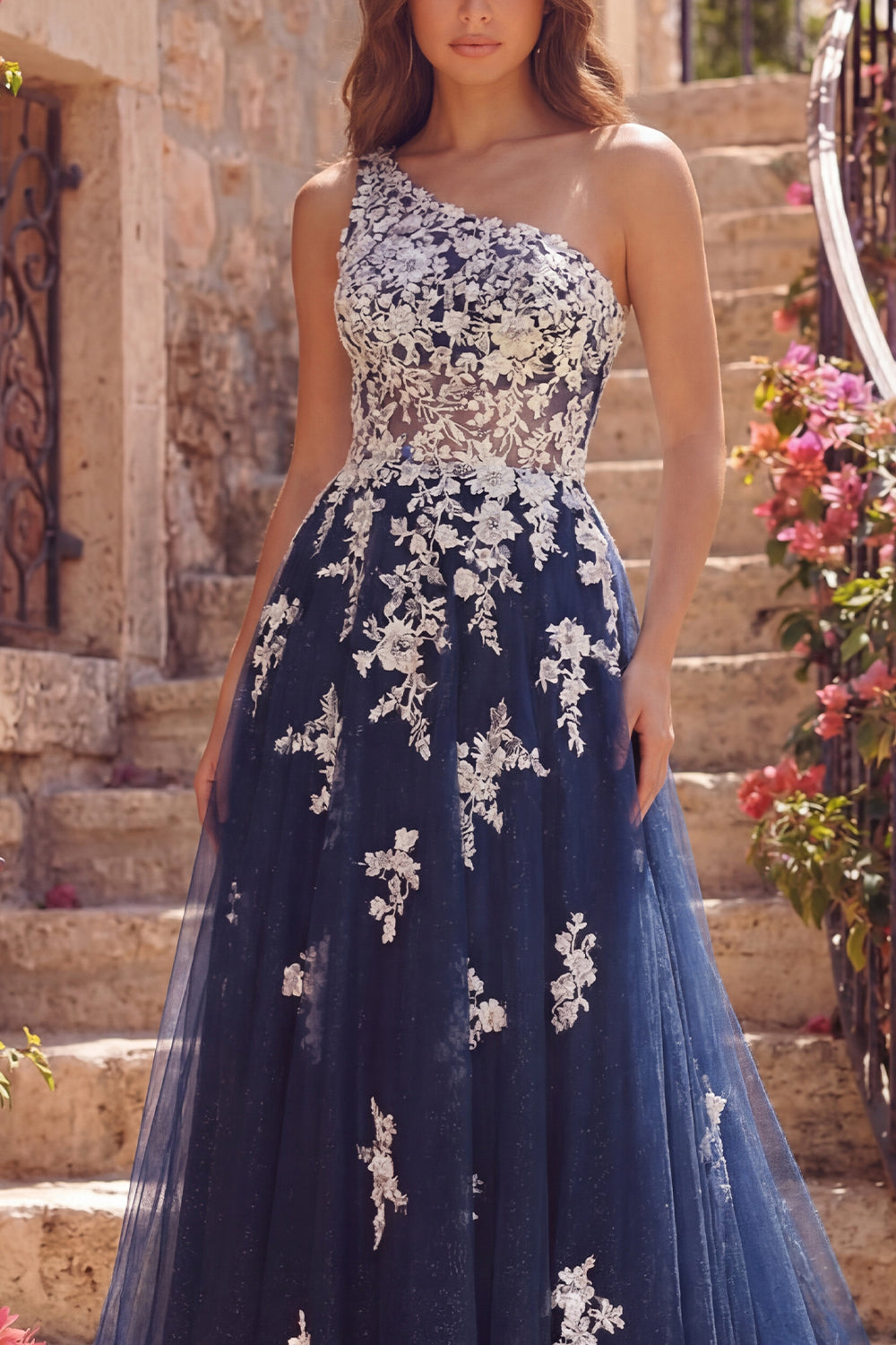 One Shoulder A Line Floral Navy Glitter Long Prom Dress