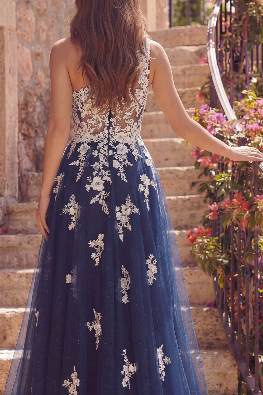 One Shoulder A Line Floral Navy Glitter Long Prom Dress