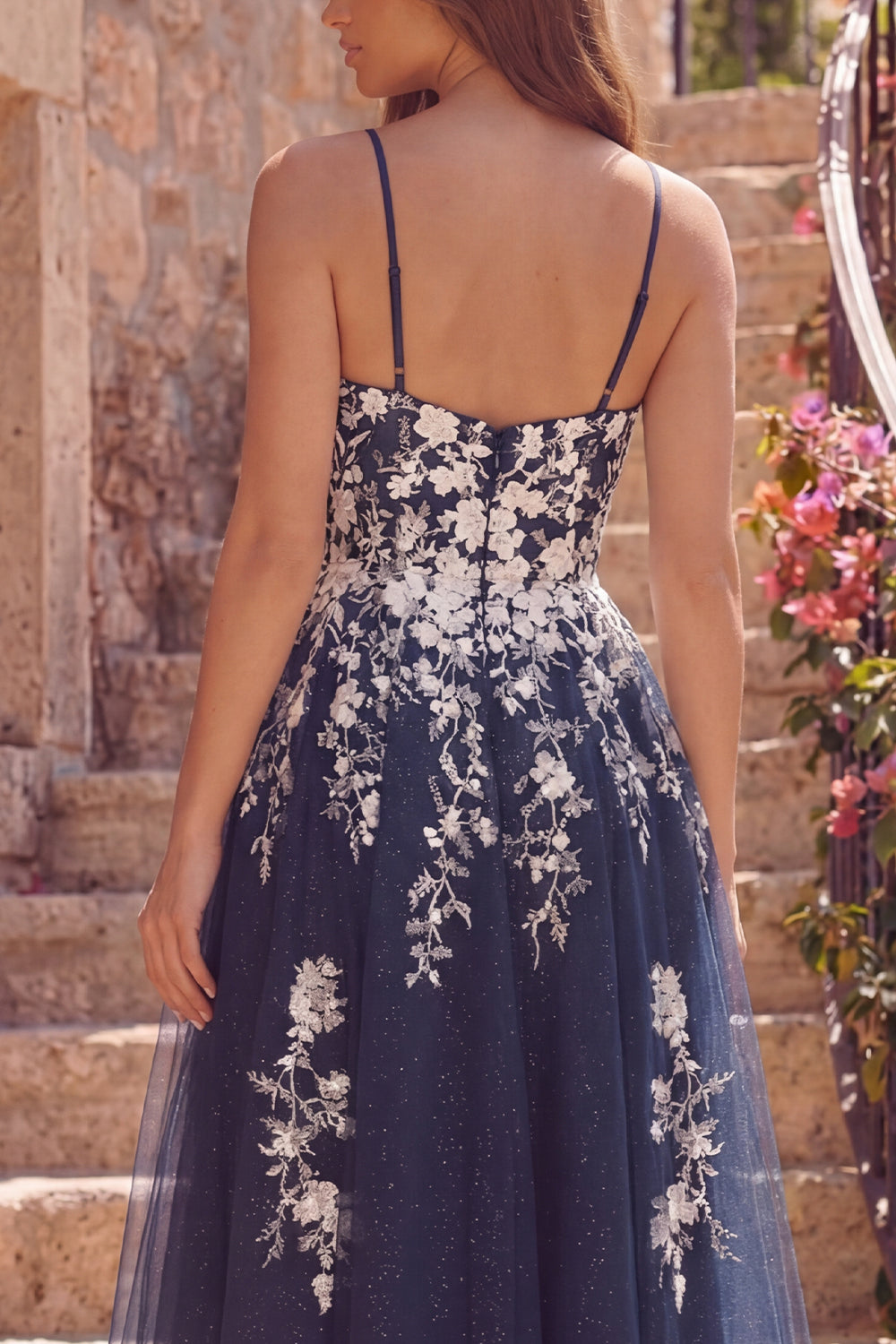 Floral Spaghetti Straps A Line Sparkly Navy Short Prom Dress with Slit