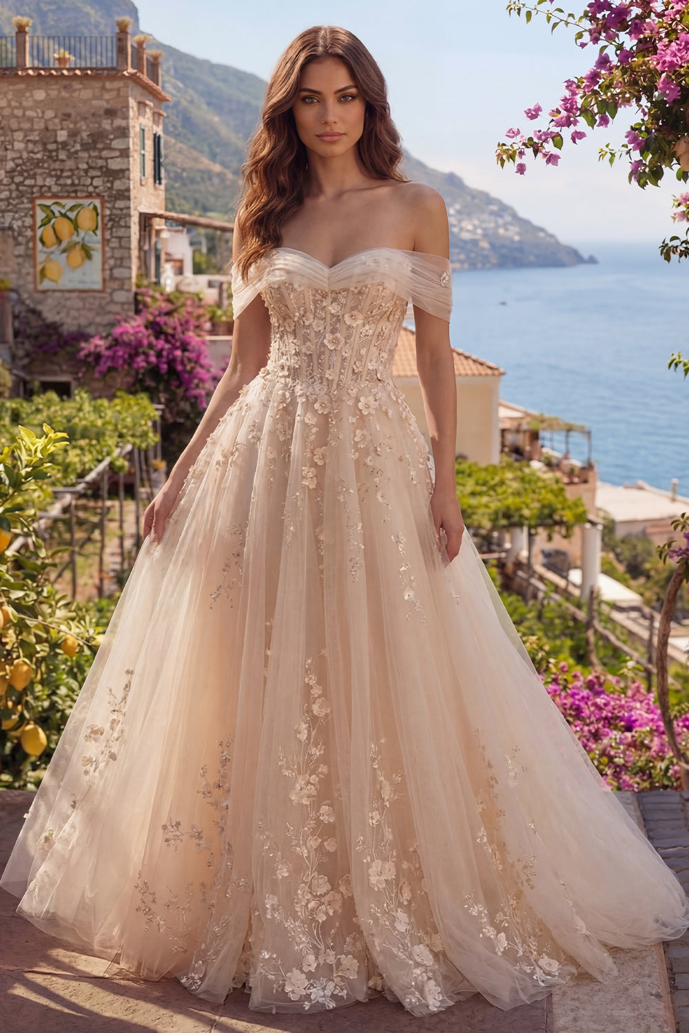 Floral Champagne Corset Off the Shoulder A Line Long Prom Dress