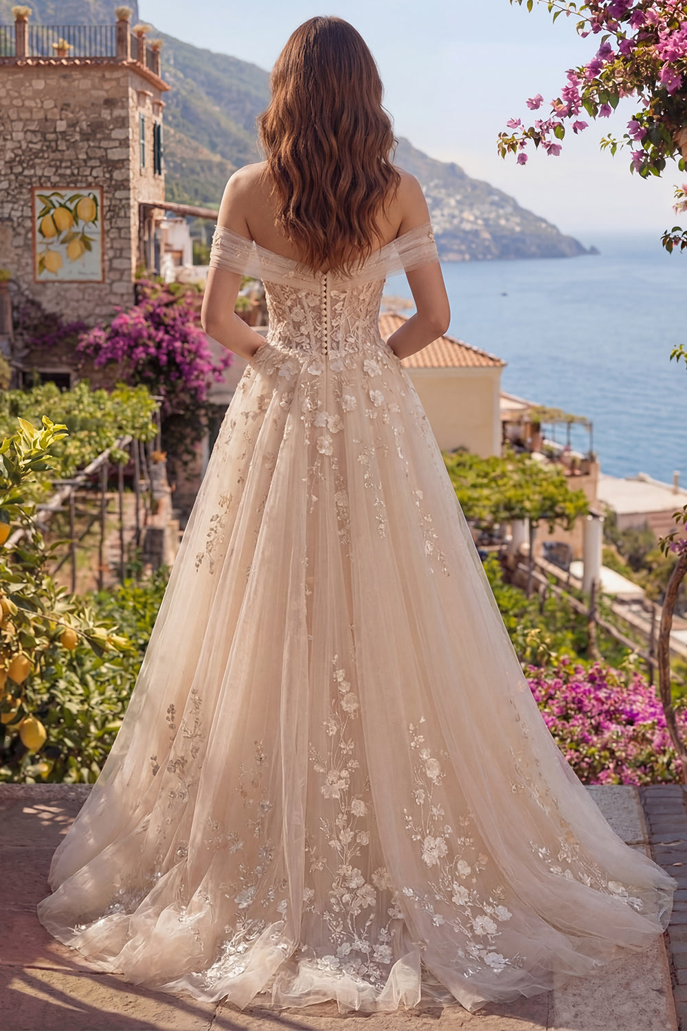 Floral Champagne Corset Off the Shoulder A Line Long Prom Dress