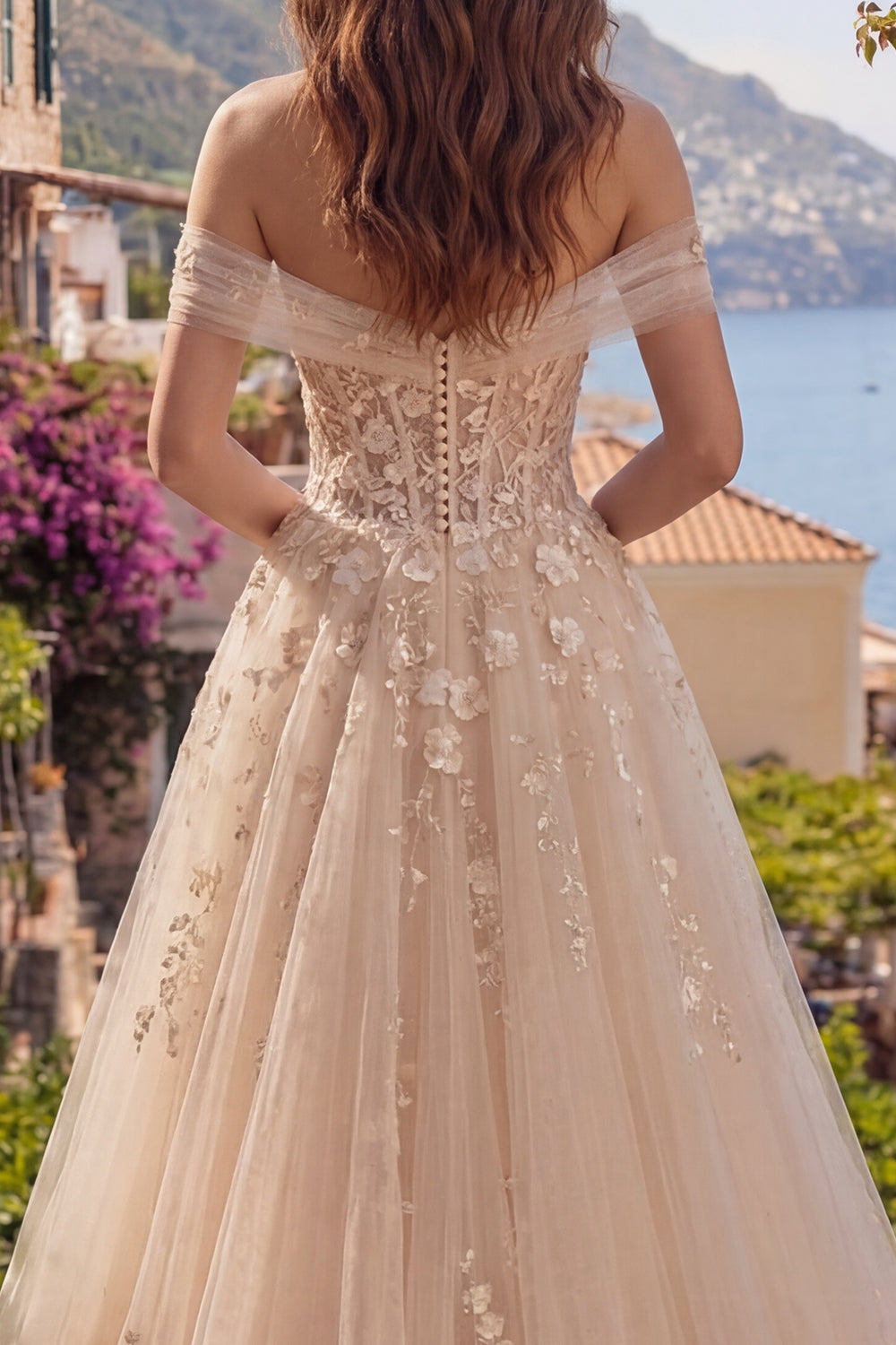 Floral Champagne Corset Off the Shoulder A Line Long Prom Dress