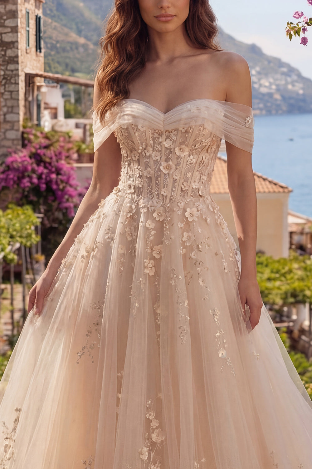 Floral Champagne Corset Off the Shoulder A Line Long Prom Dress