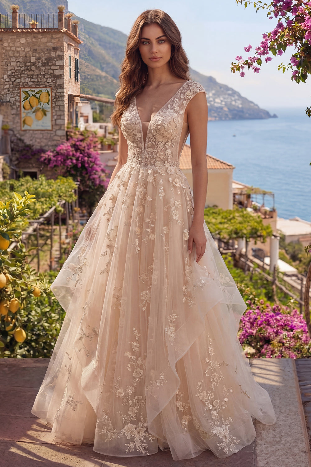 Floral V-Neck Champagne A Line Long Prom Dress with Ruffles