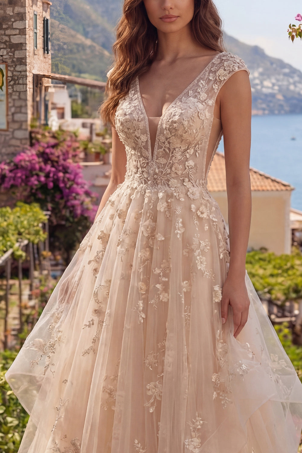 Floral V-Neck Champagne A Line Long Prom Dress with Ruffles