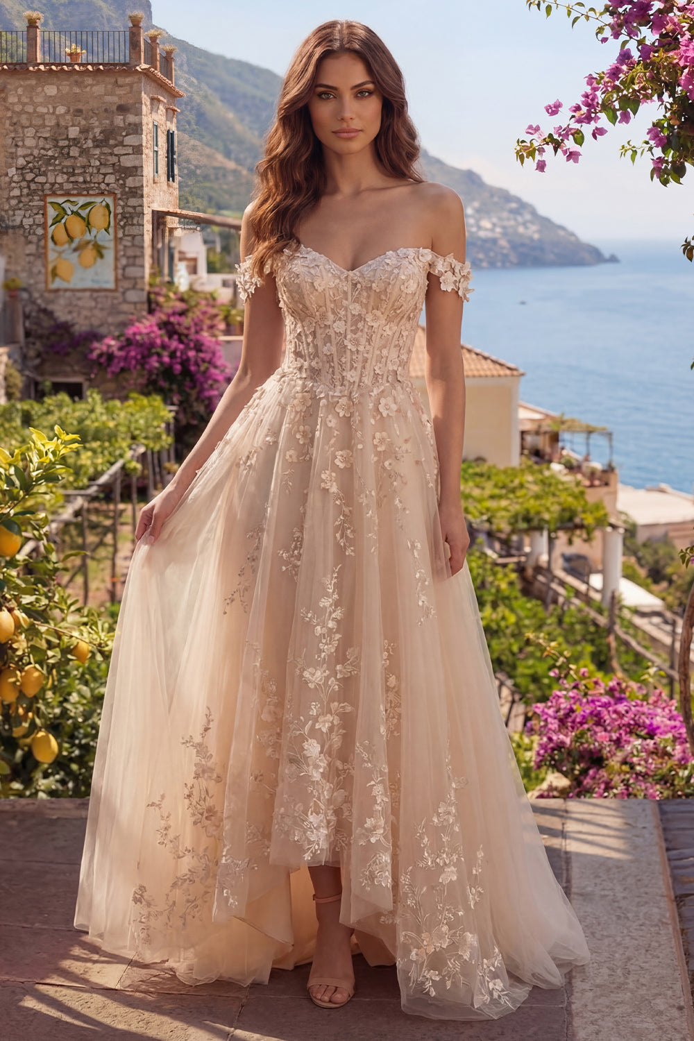 A Line Floral Corset Long Champagne Off the Shoulder Prom Dress