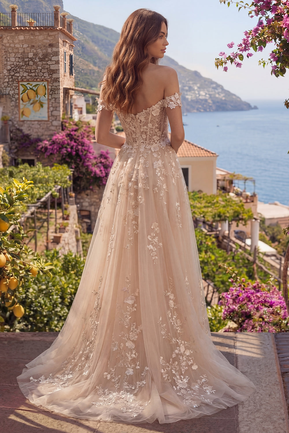 A Line Floral Corset Long Champagne Off the Shoulder Prom Dress