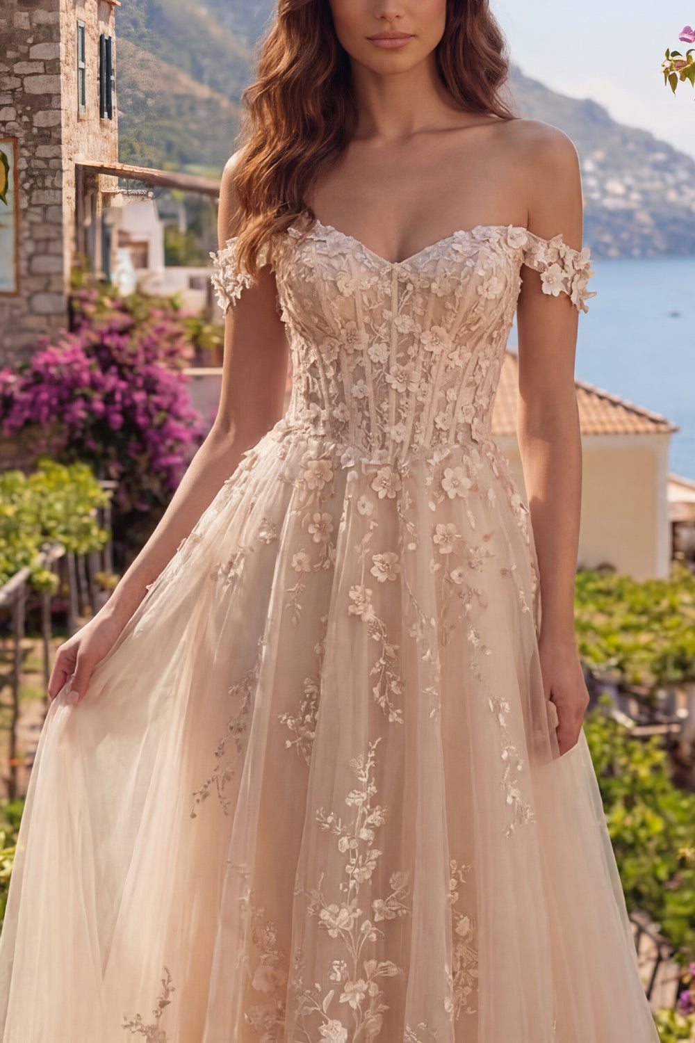A Line Floral Corset Long Champagne Off the Shoulder Prom Dress